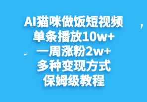 AI猫咪做饭短视频，单条播放10w+，一周涨分2w+，多种变现方式，保姆级教程-创客空间