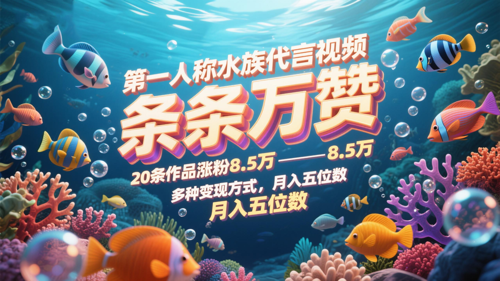 第一人称水族代言视频，条条万赞，20条作品涨粉8.5万，多种变现方式月，入五位数-创客空间