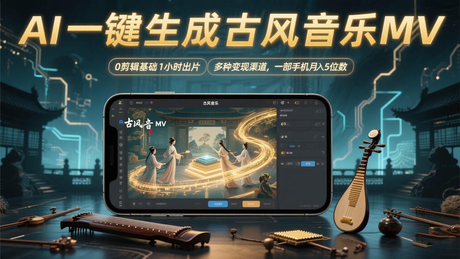 AI一键生成古风音乐MV，0剪辑基础1小时出片，多种变现渠道，一部手机月入5位数-创客空间