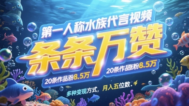 第一人称水族代言视频，条条万赞，20条作品涨粉7.8W，多种变现方式月入五位数-创客空间